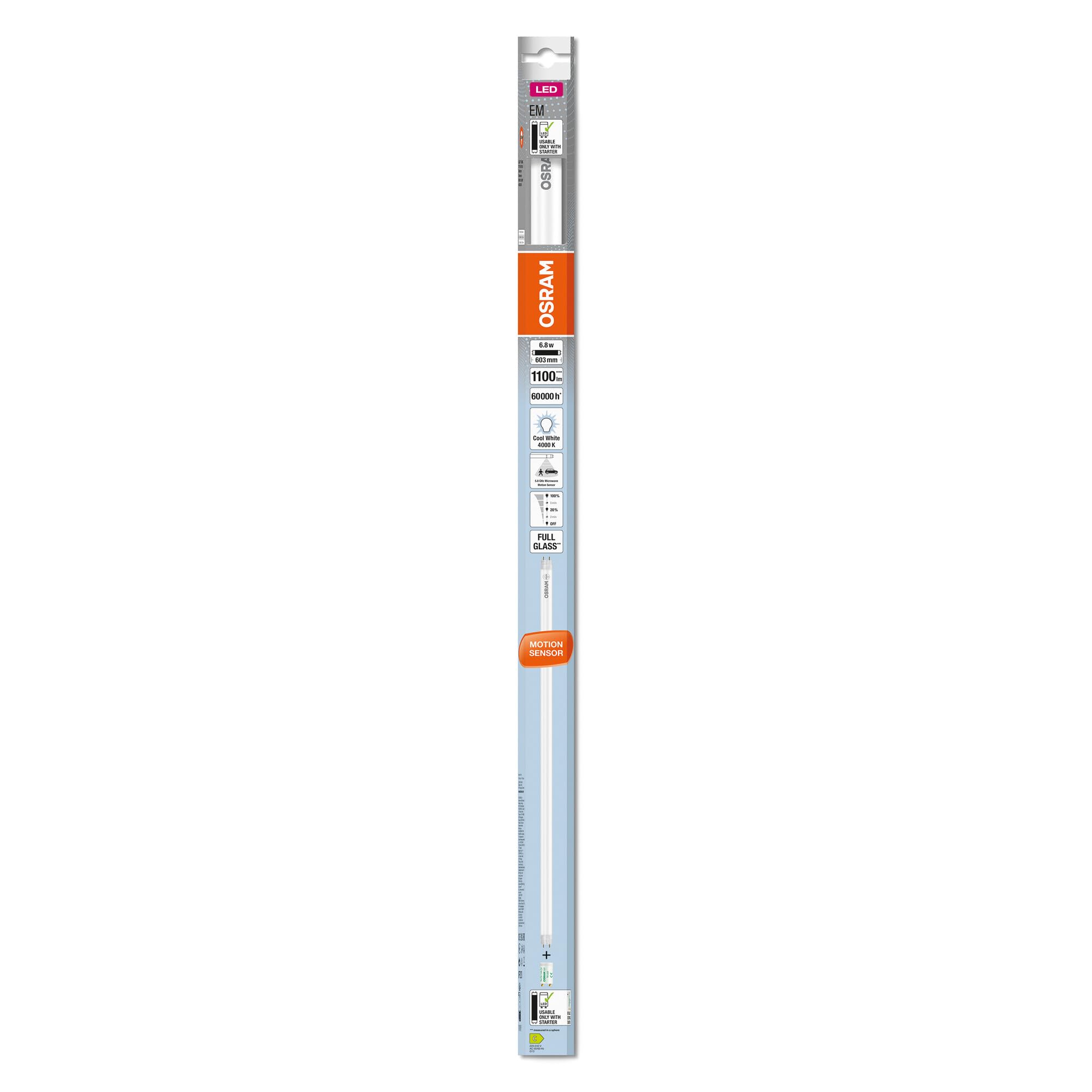 OSRAM Tubos LED de con sensor de microondas integrado para balastos electromagnéticos, 6.8 W, G13, tubo, dos, 4000 K, vidrio con protección de rotura, blanco frío, paquete 8-al igual