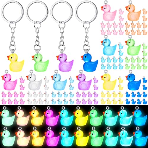 Ecation 100 Pcs Luminous Mini Duck Keychains Glow in The Dark Resin Duck 3D Tiny Key Chains Bulk Small Animal Pendant for Christmas Party Gifts Birthday Favors (Transparent,Multicolor)