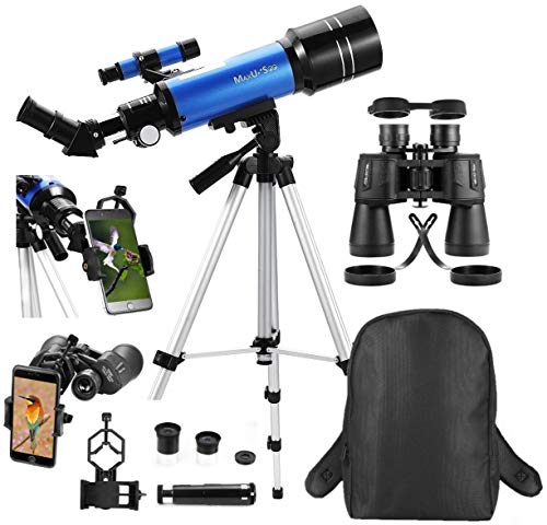 MaxUSee 70mm travel telescope and 10x50 binoculars in a backpack, alongside tripod and accessories