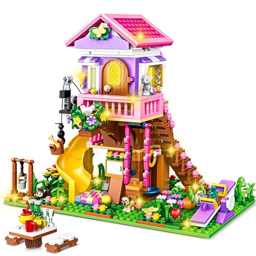 Charmofun Bloc de Construction Maison avec Lumière LED, Kit de Construction de cabane dans Les Arbres pour 8 9 10 11 12+ Filles, Jouet de Construction Cadeaux pour Enfants (685 pièces)