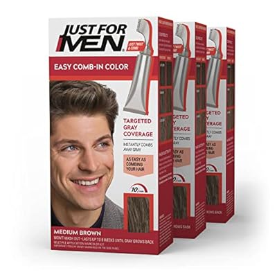 Just For Men Easy Comb-In Color Mens Hair Dye, Easy No Mix Application with Comb Applicator - Medium Brown, A-35, Pack of 3