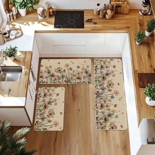 Artoid Mode Brown Poppy Floral Leaves Spring Kitchen Mats Set of 3, Spring Home Decor Low-Profile Kitchen Rugs for Floor - 17"x29"+17"x36"+17"x47" by Artoid Mode - Used condition - Image 2