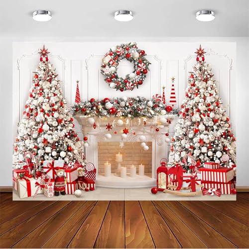 Avezano Telón de fondo rojo para árbol de Navidad, chimenea, fondo de fotos para familia, niños, decoración de fiesta, accesorios para cabina de fotos (7 x 5 pies)