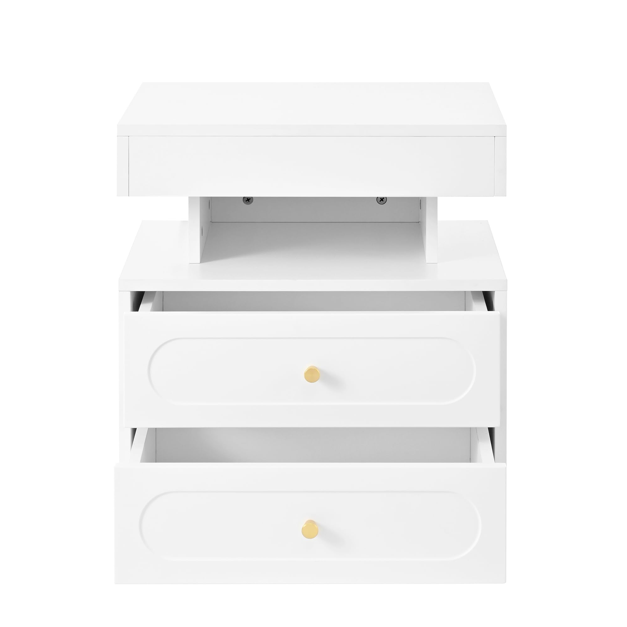 Mesita de noche con iluminación LED, cómoda de noche con 2 cajones, 1 espacio de almacenamiento abierto, blanco, ancho 50/T40/alto 60 cm