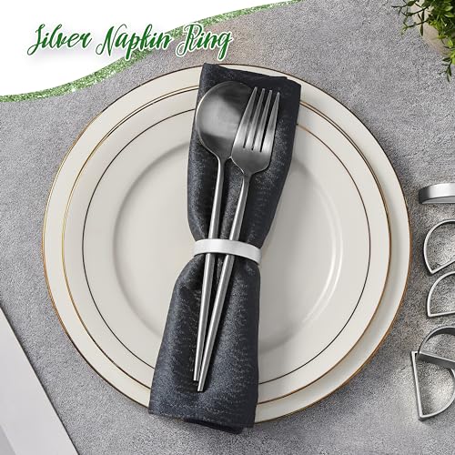 Image of APTWOW Silver Napkin Rings Set of 12, Semicircle Metal Silver Napkin Holder Buckles, Fall Thanksgiving Christmas Napkin Rings for Dinner Table Decor, Wedding, Banquet, Party