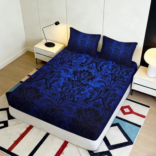 Drap housse damassé bleu royal en microfibre premium avec motif imprimé 3D