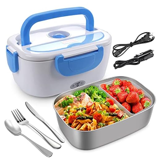 Electric Lunch Box for Car, Home, Office - 110V/12V 40W Portable Electric Food Warmer Heater Lunch Box With Food-Grade Stainless Steel Container, 1 Fork& 1 Spoon