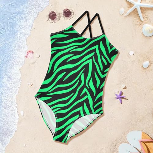 Green Zebra Pattern Girls One Piece Swimsuits Summer Quick Dry Beach Bathing Suit3