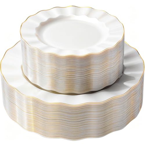 QualQuot 120PCS Pearl White Plastic Plates, Heavy Duty Disposable Party Plates with Gold Rim, 60 Dinner & 60 Dessert for Parties and Wedding