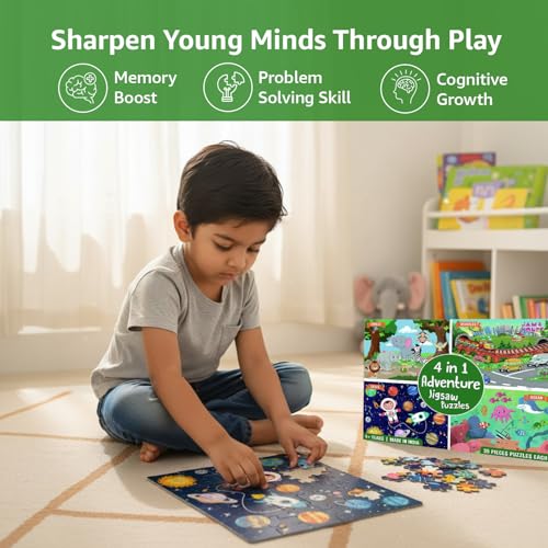 Image of Amazon Brand - Jam & Honey 4 in 1 Adventure - Puzzles for Kids | 35-Piece Puzzles | Educational Toy for Cognitive Development | Vibrant Colors