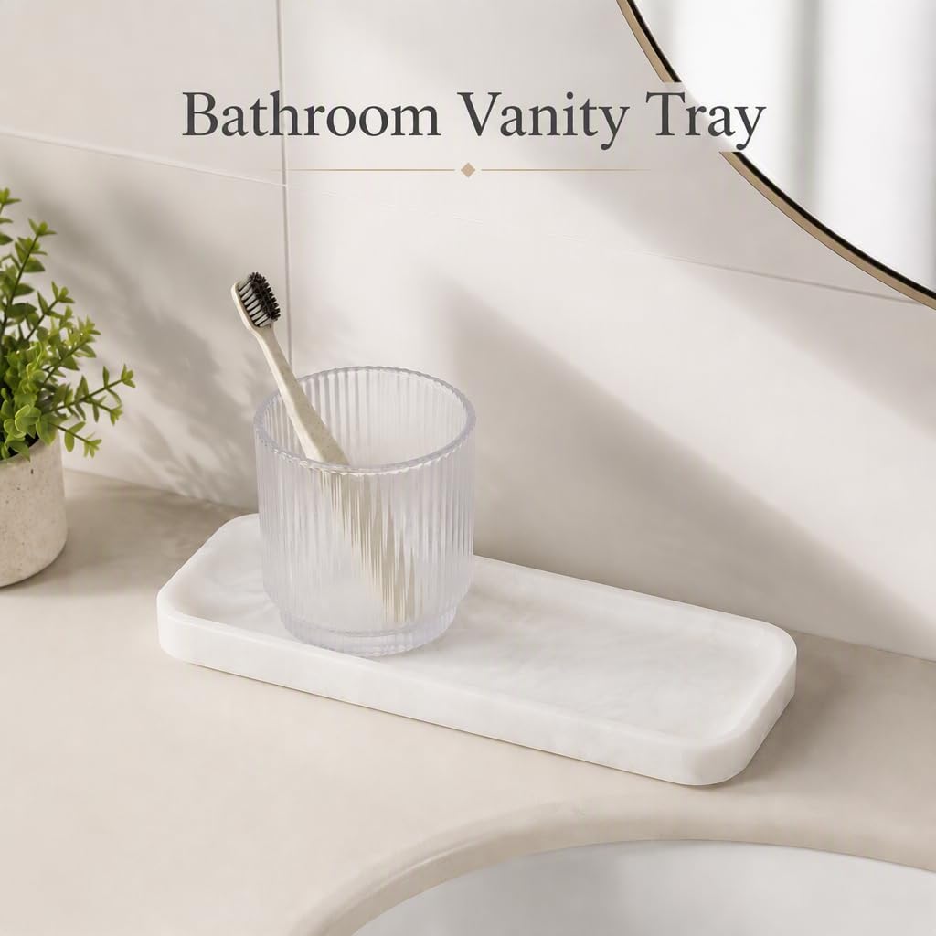 Koville Marble Tray, 12"x4" Marble Vanity Tray for Bathroom Kitchen Countertop Sink, Natural Stone Tray for Home Decor, Decorative Rectangular Narrow Catchall Tray for Jewelry(Namibia Bianco) image 4