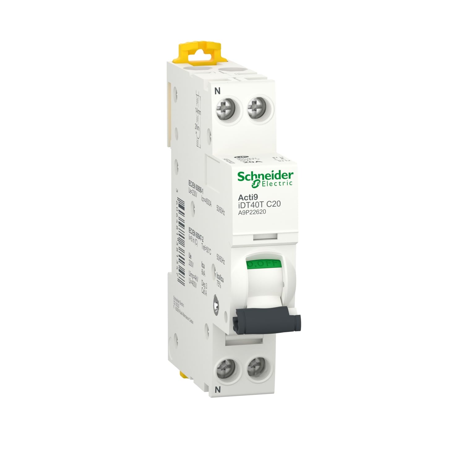 Schneider Electric Acti9 iDT40T - Disyuntor modular (1P+N, 20A, curva C, 4500A/6kA, A9P22620)