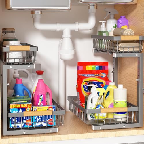 Liuoud Under Sink Organizer 2 Pack, 2 Tier Slide Out Large Capacity Height Adjustable Under Sink Organizers and Storage for Kitchen Bathroom Cabinet, Grey