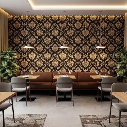 Image of Brown Golden Luxury Damask Wallpaper - Self Adhesive Peel and Stick Floral Wall Stickers, Waterproof PVC Vinyl Decorative Paper for Home, Bedroom, Living Room & Furniture (45cm x 300cm)