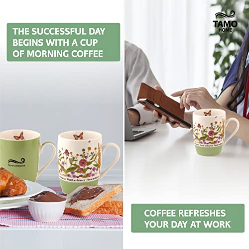 Ceramic Coffee Mug – Floral And Butterfly Design Tea Cup Gift Box Set Of 2 Tea Mugs For Women And Men Tamo Home, Floral, Green, Pastel Green, White, Butterfly, Colourful #TOP4