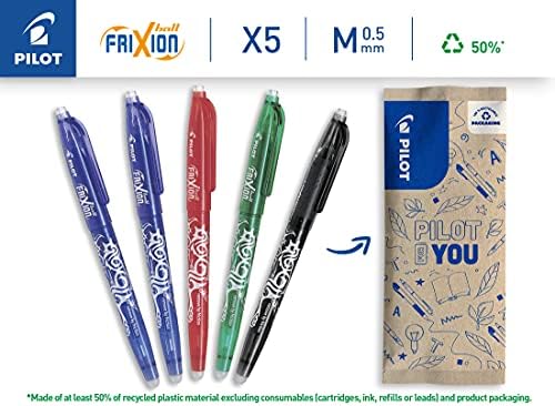 Pilot - Pack of 5 Frixion Ball 05 - Erasable Thermosensitive Ink Pen - Refillable Rollerball Pen made from Recycled Plastic - 2 Blue, 1 Black, 1 Green, 1 Red - Fine Tip