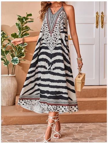 Image of MakeMeChic Women's Stripe Maxi Dress Zebra Print Halter Backless Flowy Boho Summer Long Dresses