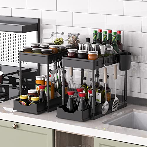 2 Pack Under Sink Organizers And Storage, 2 Tier Sliding Bathroom Organizer Under Sink, Adjustable Height Under Cabinet Organizer Basket With Hooks Hanging Cups, Shelf Organizer For Bathroom Kitchen #TOP5