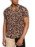 Verdusa Men's Leopard Zebra Print Short Sleeve Button Down Shirt Top Brown Large