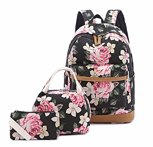 Lmeison Girls Backpack with Lunch Box, Floral Bookbag for Middle School High School, Canvas Teens Kids Women Travel Casual Daypack 15.4 inch Laptop Backpack for 6-7 7-8 8-10 10-12 Year Students, Black