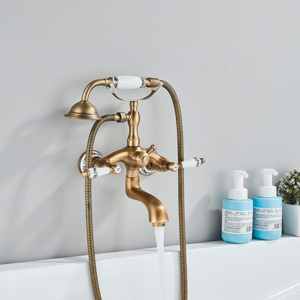 ZYCHSJXA Antique Brass Floor-Standing Bathroom Faucet Set – Dual Knobs Mixer Tap with Swivel Tub Spout for Bath & Shower, Wall Mounted Bathtub Shower Faucets