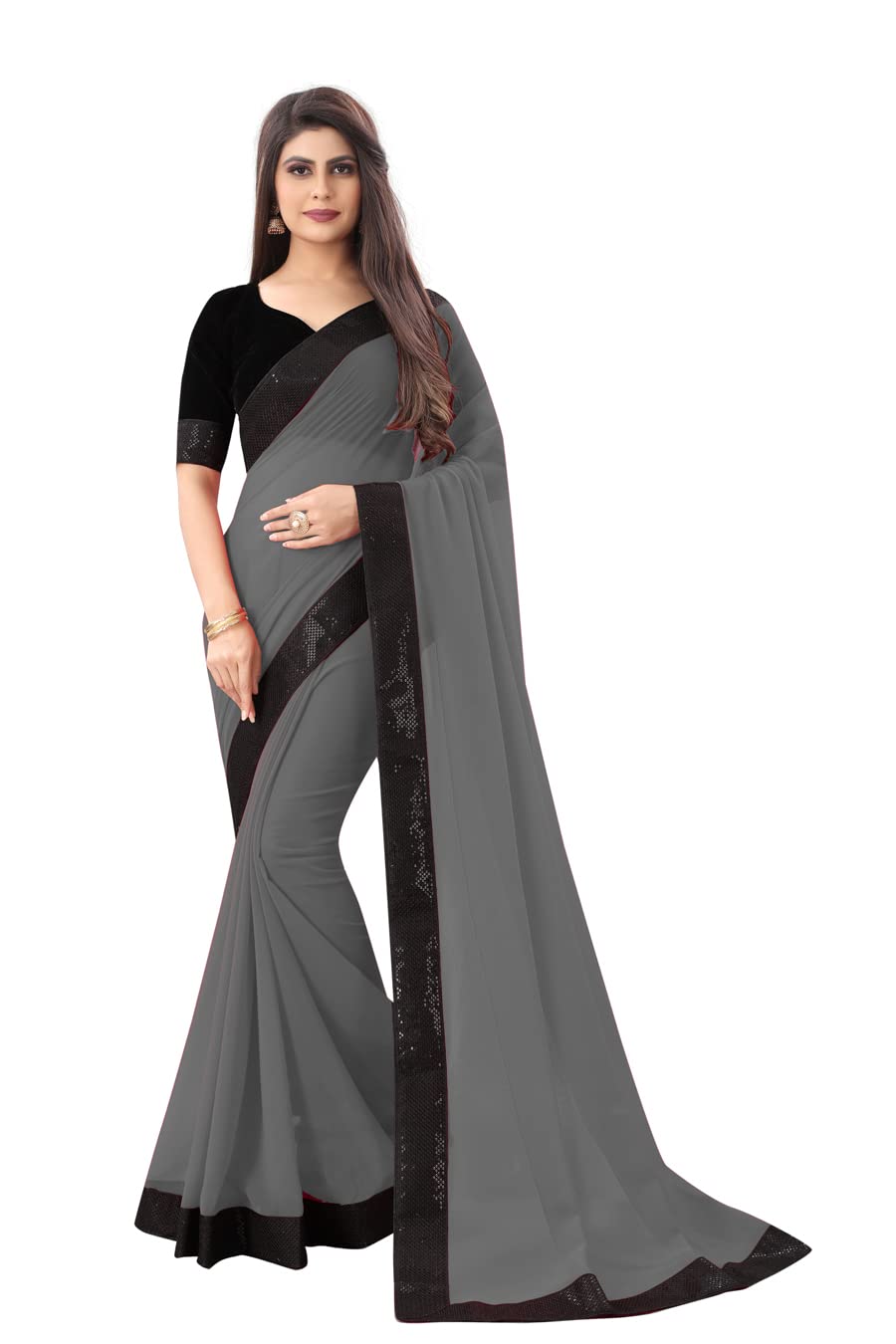 navimiWomen's Plain Weave Georgette (jorjet) Saree With Unstitched Blouse Piece (1 Saree, 1 Blouse Piece)
