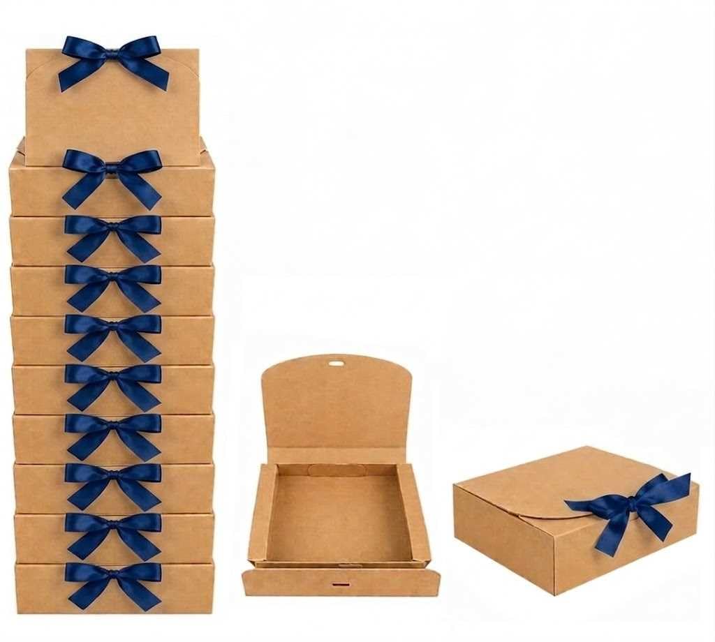 Emartbuy Brown Kraft Gift Box with Dark Blue Ribbon – 24 x 19.5 x 7 cm – Fits Perfume, Beauty Sets & Small Gift Hampers – Birthdays Weddings Christmas Corporate Gifting Trade Wholesale – Pack of 12