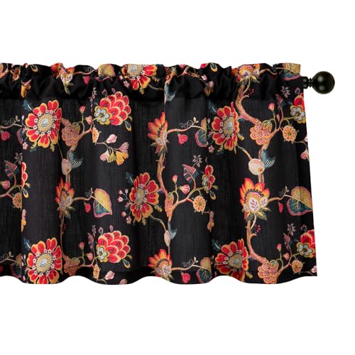 Leeva Vintage Floral Curtains Valances, Light Filtering Curtain Panel for Living Dining Room, Rod Pocket Design (1 Piece, 52 x 18, Red and Black)