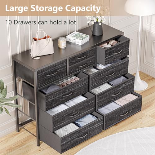 Jojoka Wide 10 Drawer Dresser,TV Stand Entertainment Center Fabric Storage Dressers Drawers for Bedroom, Hallway, Nursery, Closets, Steel Frame, Wood Top, Black Willow