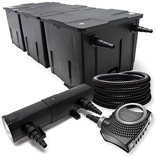 Wiltec Komplettset: CBF-350C Teichfilter bis 90000 L Teichfilteranlage als Durchlauffilter, NEO10000 SuperECO Teichpumpe 10000l/h 80W, CUV-224 Teichklärer UVC Klärer mit 24W, 25m Teichschlauch 25 mm