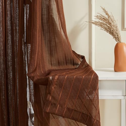 Image of Amazon Basics - Stripe Textured Sheer Door Curtains | Light Filtering | 7 Feet | Set of 2 | Striped Design | for Living Room, Bedroom & Balcony | 210cm x 115cm, Color - Coffee