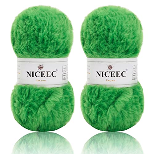 Image of NICEEC 2 Skeins Faux Fur Yarn Super Soft, Chunky & Fluffy, Eyelash Yarn for Crochet & Knitting (Total Length 70yds,3.53oz) - Spring Green