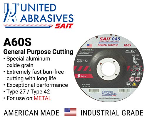 United Abrasives-Sait 22021 A60S General Purpose Cut-Off Wheels (Type 27/Type 42 Depressed Center) 4 1/2" X .045" X 7/8", 50-Pack #TOP2