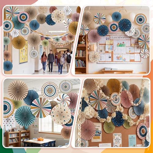 Image of 18 Pcs Boho Paper Fan Decorations Colorful Boho Hanging Paper Fans Round Garlands Bulletin Board Decor for Party Wedding Birthday Baby Shower Classroom Wall Decor