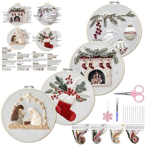 WKALXJ 4 Sets Christmas Embroidery Kits for Adults, Embroidery Kit for Beginners, Cross Stitch Kits for Beginners with Pattern, Needles, Threads, Tools (Holly+Fireplace+Stocking+Nativity Manger)
