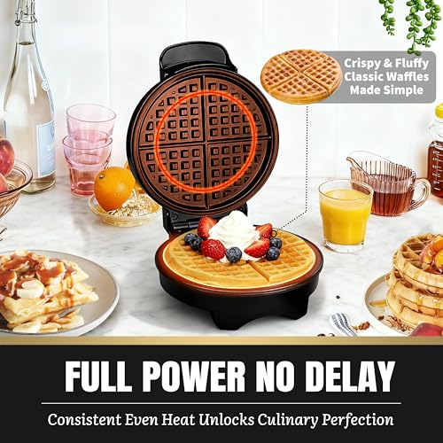 Image of FineMade 7 Inches Round Classic Waffle Maker Machine, Mini Waffle Maker, Non-stick Waffle Irons, Thin Waffle Maker Crispy, Black