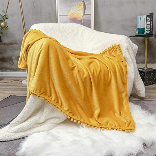 LOMAO Flannel Blanket with Pompom Fringe Lightweight Cozy Kids Blanket Soft Throw Blanket fit Couch Sofa Suitable for All Season (Mustard Yellow, 30''x 40'')