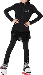 HOYI Figure Skating Jacket With Hip Pads Trousers Womens Girls Professional Fleece Shiny Rhinestone Elastic Training Competition Skating Suit(Size:M,Color:Black)