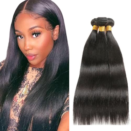 Creuost Straight Human Hair Bundles #1b Natural Black Hair Extensions Cheveux Humains TisséS For Women Unprocessed Brazilian Virgin Hair 3 Bundles Total 300g 12 14 16 Pouces