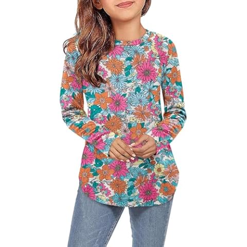 storeofbaby Little Girls Blouses Long Sleeve Floral Print Tops Cute Crewneck Shirts 7-8 Years Cover