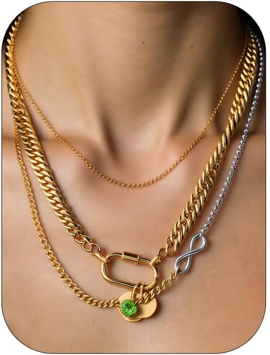 Layered Necklaces for Women,Two Tones Necklace Stainless Steel Compass Coin Pendant Paperclip Cuban Chain Chunky Choker Trendy Statement Jewelry Gift