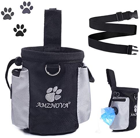 AMZNOVA Dog Treat Bag, Puppy Training Pouch, Animal Walking Snack Container Best Hiking Toys Pack Dispenser Carries with Waistband, Black