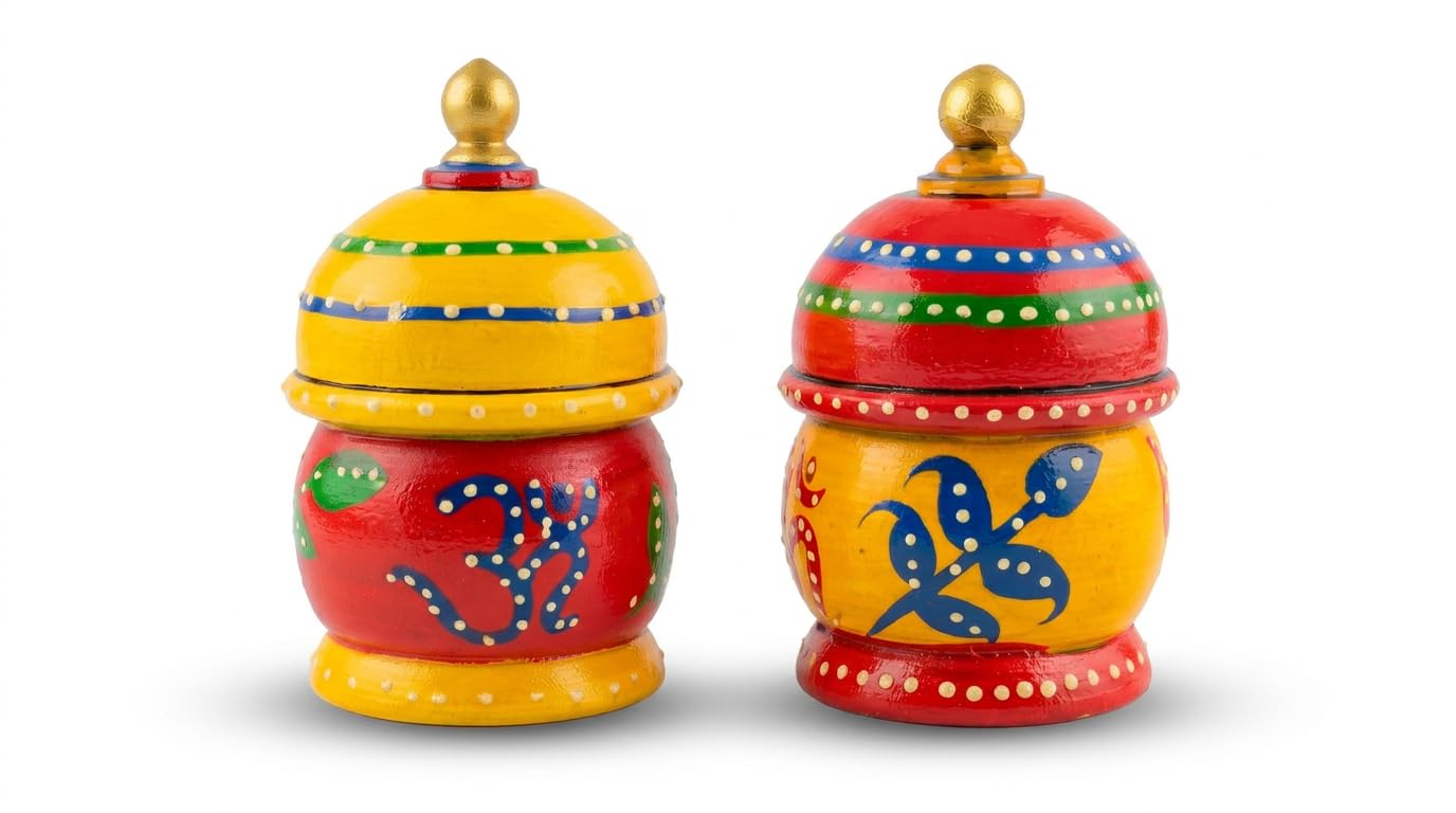 Wooden Kumkum Box Sindoor Dani – Hand Painted Multicolor Traditional Sindoor Dibbi with Twist Lock Lid | Durable Wooden Puja Container | Bridal Gift (Sindoor Dani Pack of 2 (3inch))-image-3