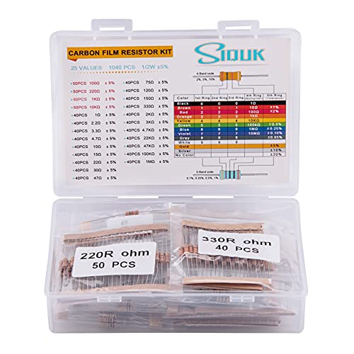 SIQUK 1040 Pieces Resistors 25 Values 5% Resistor Kit 1 Ohm-1M Ohm 1 2W Carbon Film Resistors Assortment for DIY and Experiments