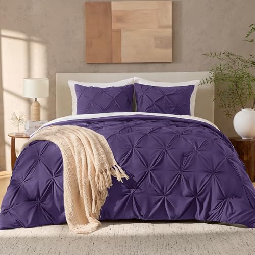 Image of Andency Full Pinch Pleat Comforter Set (79 inchx90 inch),3 Piece Lightweight Pintuck Bedding Comforters & Sets, Fluffy Down Alternative Comforter with 2 Pillow Shams for All Season,Purple