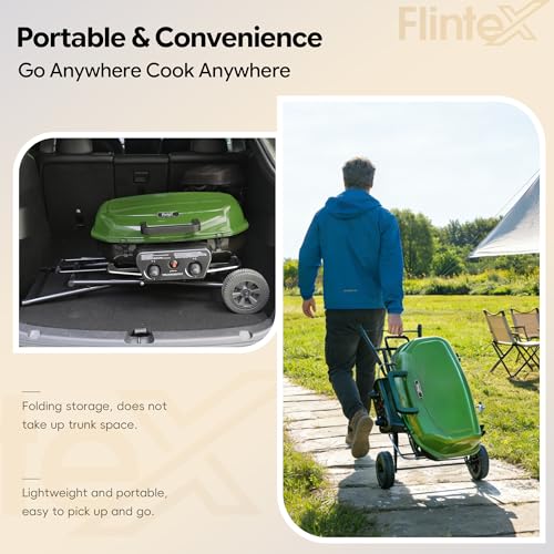 Image of Flintex Portable Propane Gas Grill, 340 SQ.IN. 2-Burner Foldable BBQ Grills, 2-in-1 Outdoor Camping Griddle Combo for Travel Tailgating, Green