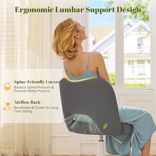Image of DurayLoly Vanity Chair with Open-Back & Wheels,Armless,Grey | 360 Silent Wheels,Comfy Teddy Fleece,Height Adjustable for Make-up Room,Bedroom,Dorm,Grey