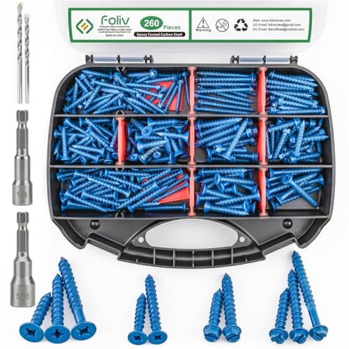 FOLIV 260PCS Concrete Screws with Drill Bit, 1/4 3/16 Concrete Screws Assortment Kit, Flat & Hex Head Masonry Block Brick Cement Screws and Anchors, Diamond Point, Length from 1-1/4” to 2-1/4”