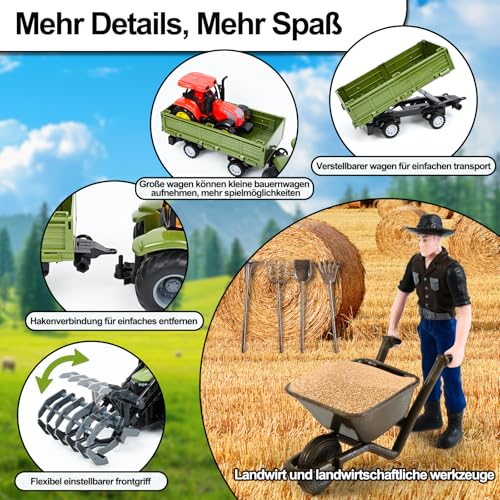Joellfuner Ferngesteuerter Traktor Ferngesteuert, RC Traktors Spielzeug mit Anhänger, Holzgreifer, 6 Baumstämmen, Kuh und Landwirte, Fernsteuerung Bauernhof Traktor-Set Geschenk für Kinder ab 3 Jahre