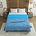Handmade Cotton Turquoise color Bird Print Stitched Kantha Quilt Indian Bedspread Throw Blanket Quilts Reversible Bohemain Bedding Coverlet Bedspread Throw Bed Sofa Cover (Queen [90